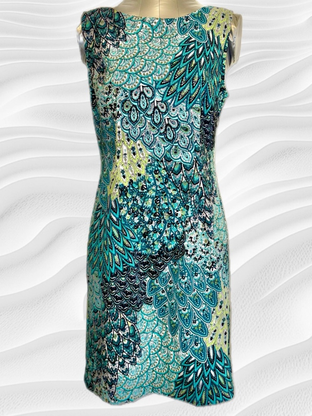 “Connected Apparel” Teal, Green and Black Sleeveless Patterned Midi Dress